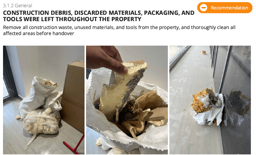 Construction debris, unused materials, packaging, and tools remained throughout the apartment at the time of inspection