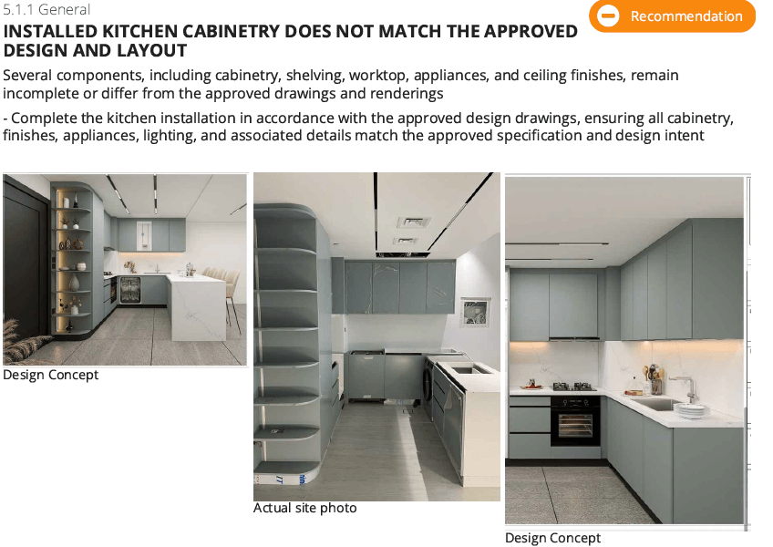 Interior Fitout inspection Dubai -The delivered kitchen did not match the approved design